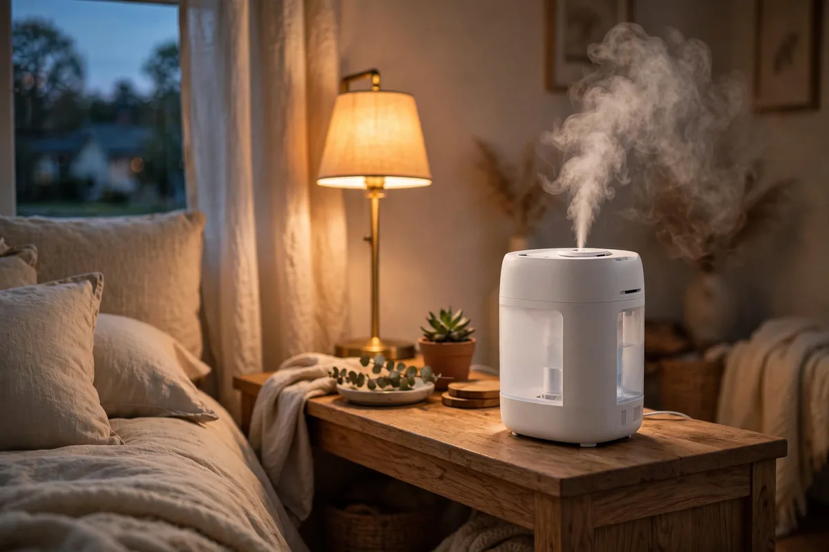 Humidifier releasing gentle mist on a nightstand at dusk