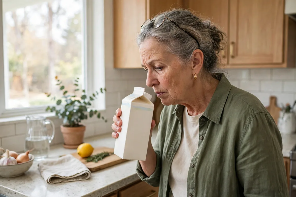Older woman smelling a milk carton to check freshness