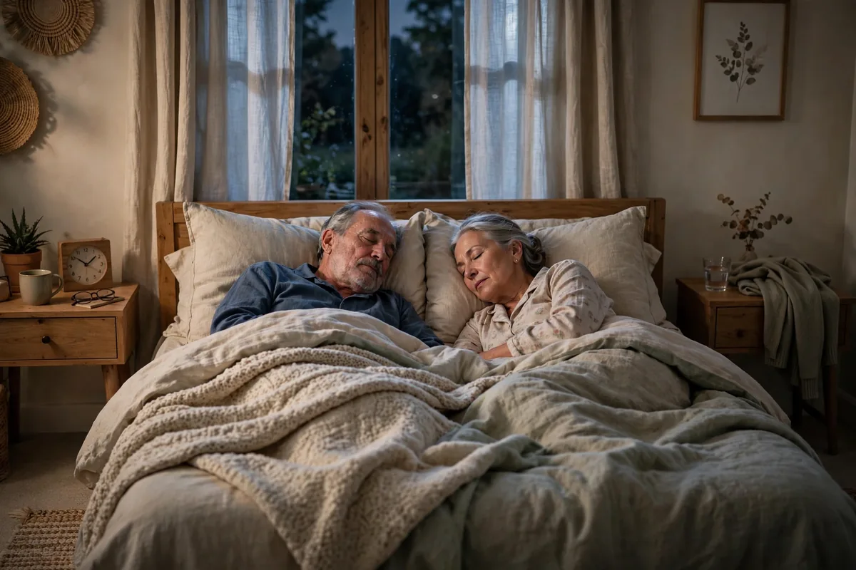 Senior couple sleeping peacefully in a cozy bedroom at night
