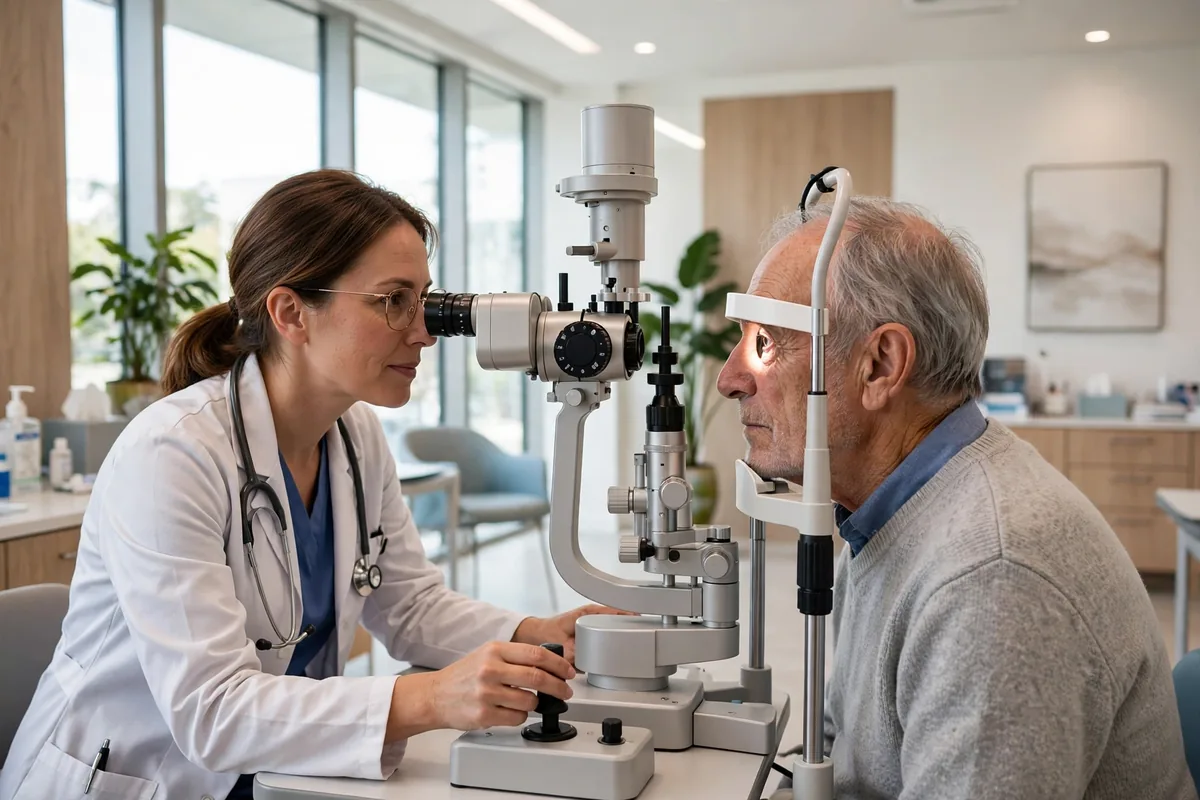 Optometrist examining a senior patient's eyes with a slit lamp