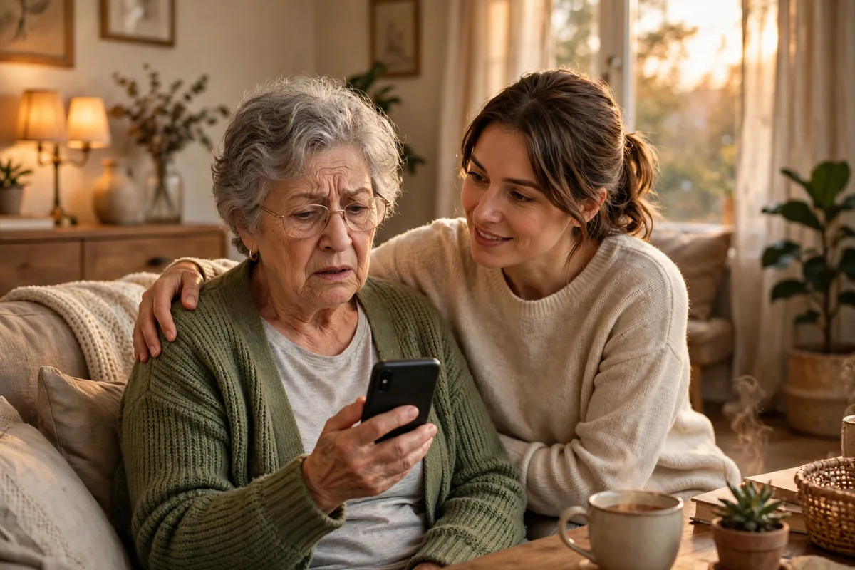 Senior woman looking confused holding a phone, daughter comforting her