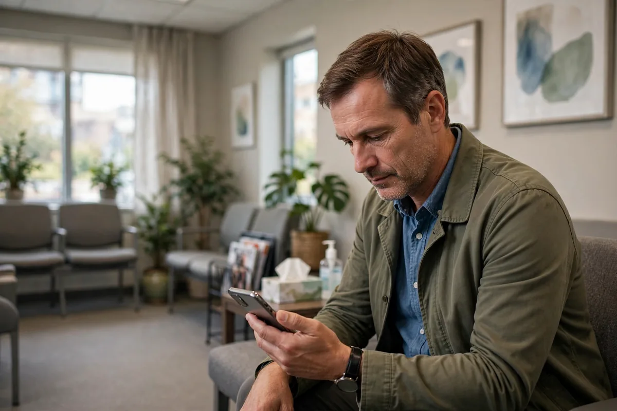 Middle-aged man checking his calendar on a phone in a doctor's waiting room