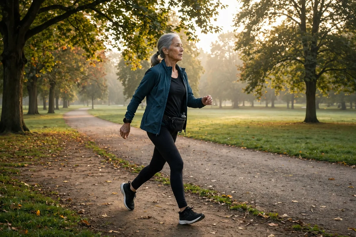 Woman in her 60s walking briskly on a park path in the morning
