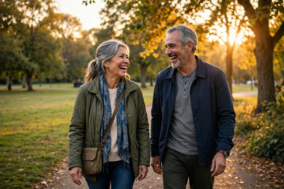 Happy couple in their 60s laughing while walking in a sunny park