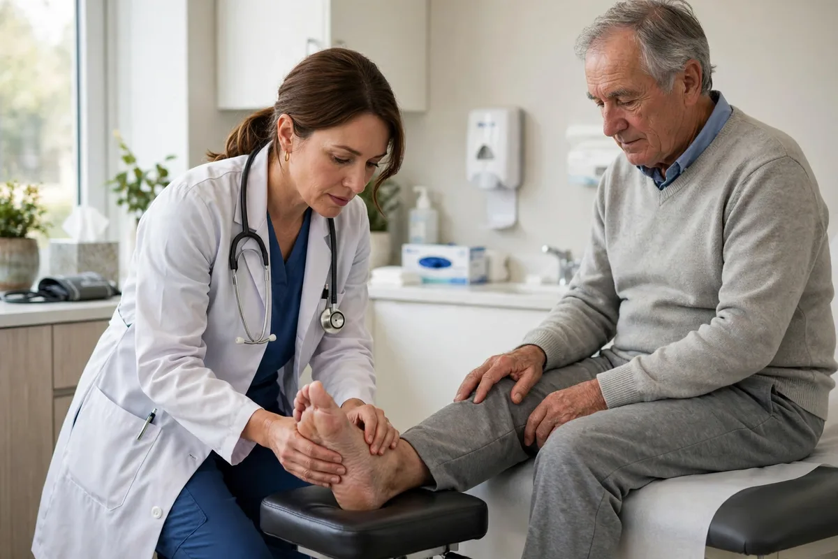 Doctor gently examining an older patient's foot in a bright clinic room