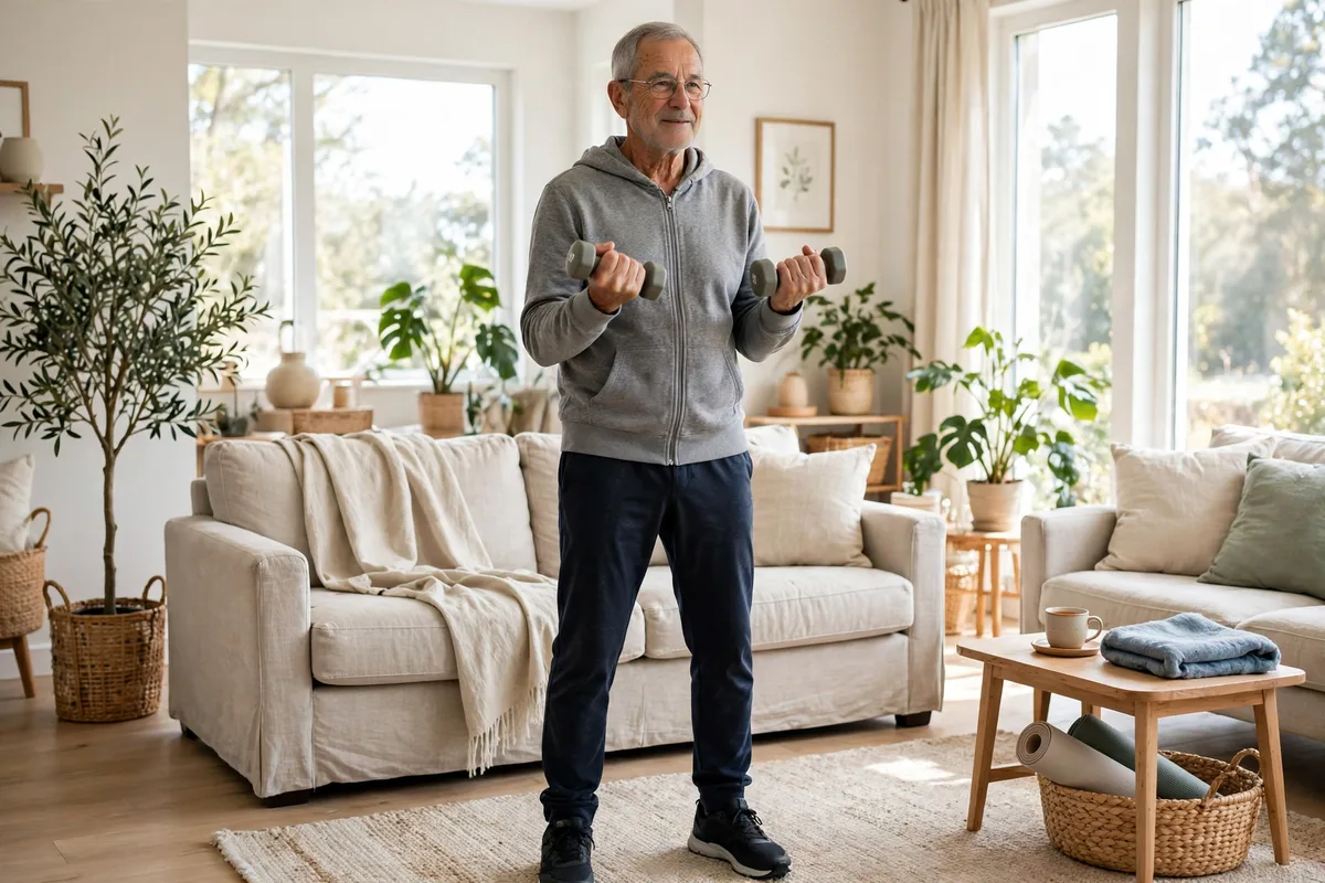 Older man doing a simple strength exercise with small dumbbells in a bright living room
