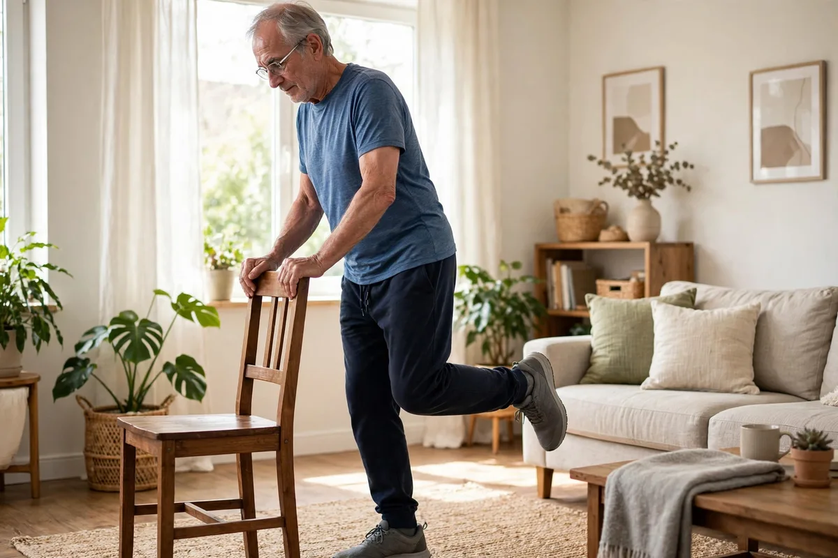 Older man doing a single-leg balance exercise while holding a sturdy chair