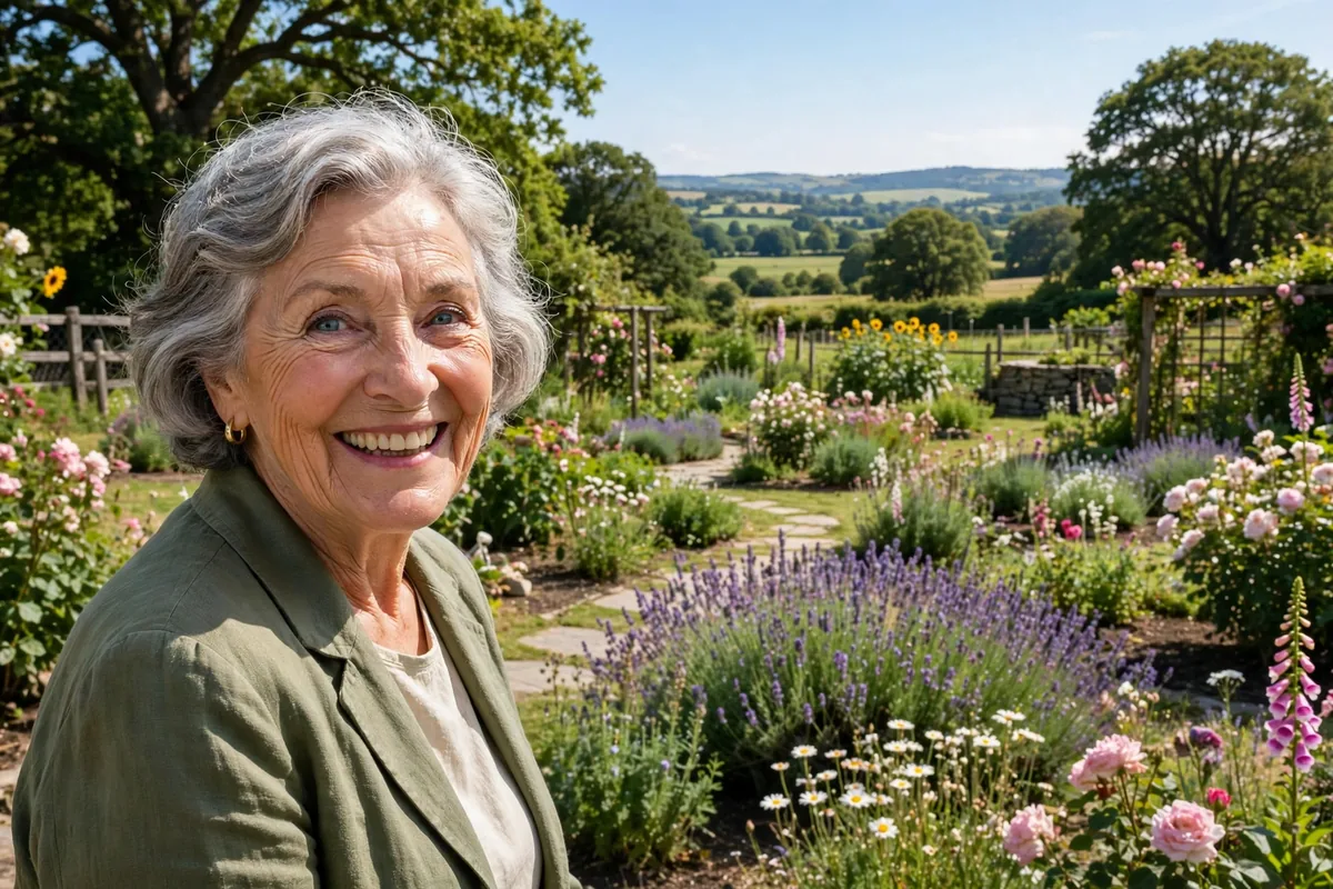 Happy senior woman with clear bright eyes smiling in a sunny garden