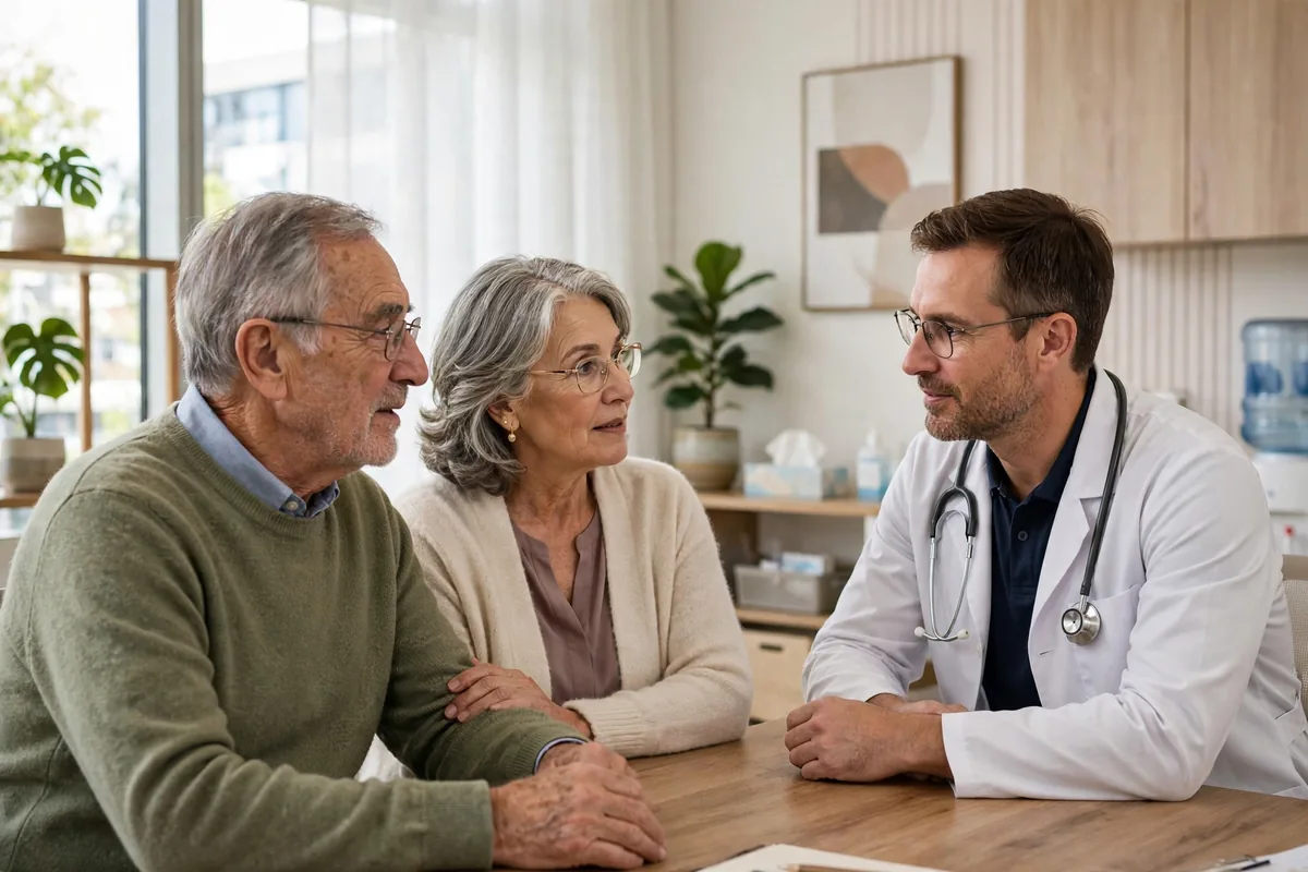 Senior couple talking with their doctor in a bright clinic office