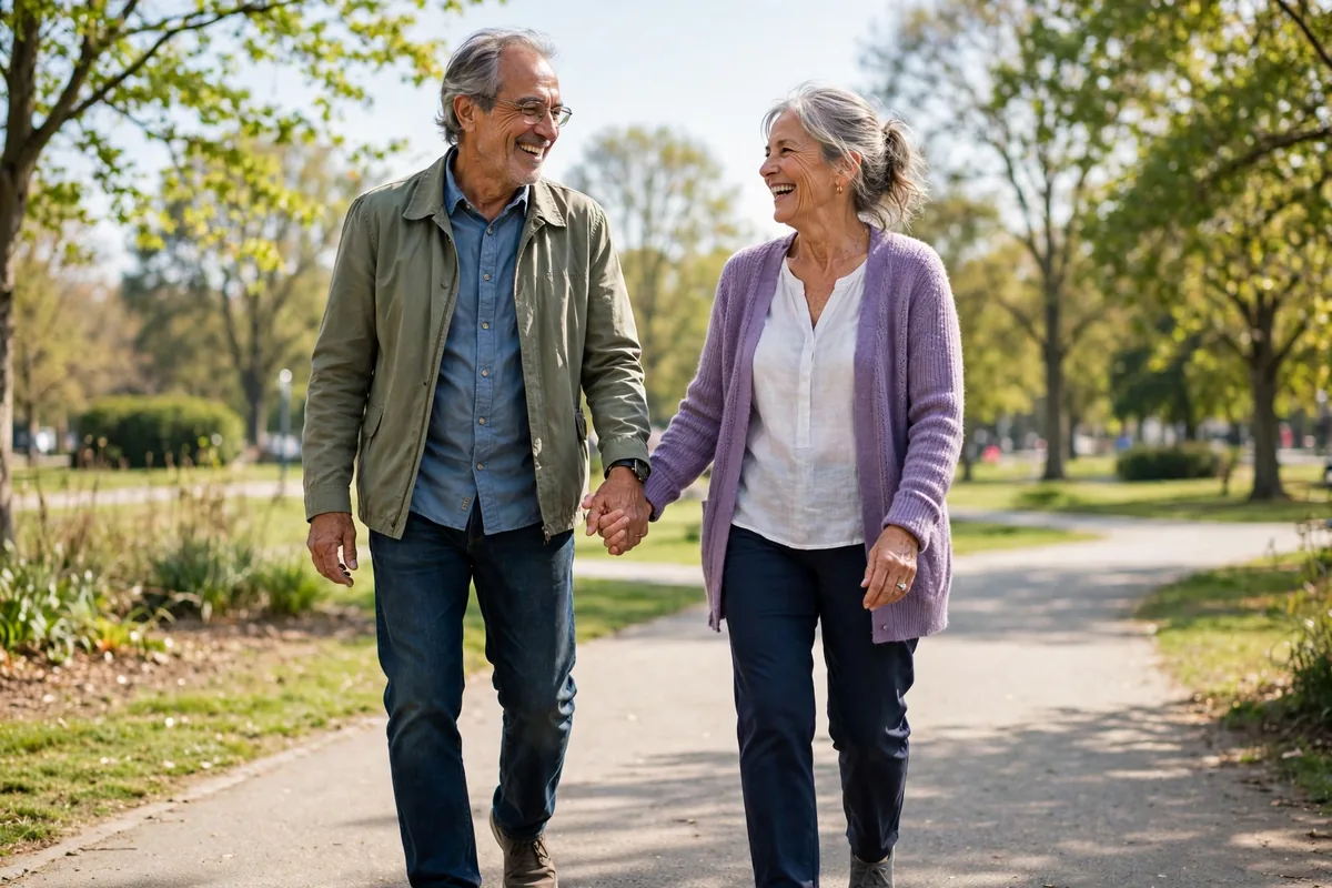 Happy senior couple walking outdoors holding hands in a sunny park
