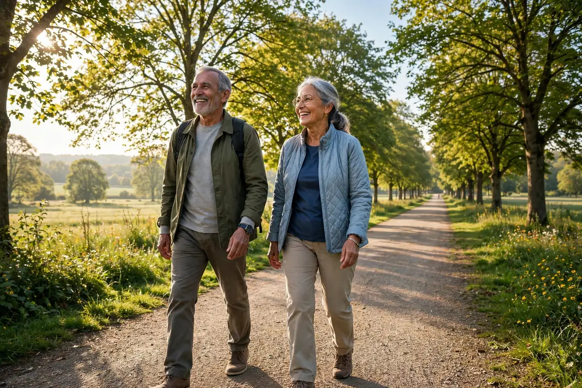 Senior couple walking together on a tree-lined path on a sunny morning