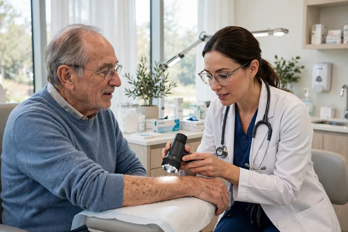 Dermatologist examining a senior patient's forearm with a dermatoscope