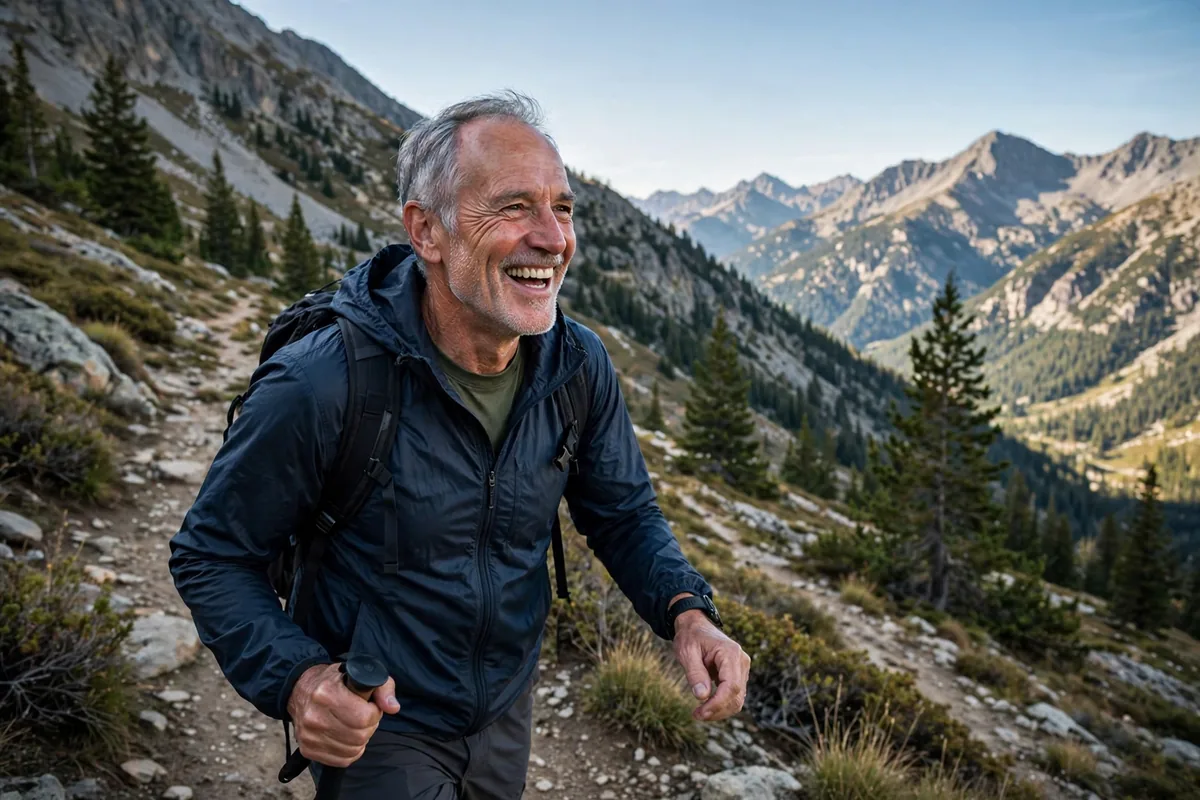Happy healthy man in his 60s hiking on a mountain trail