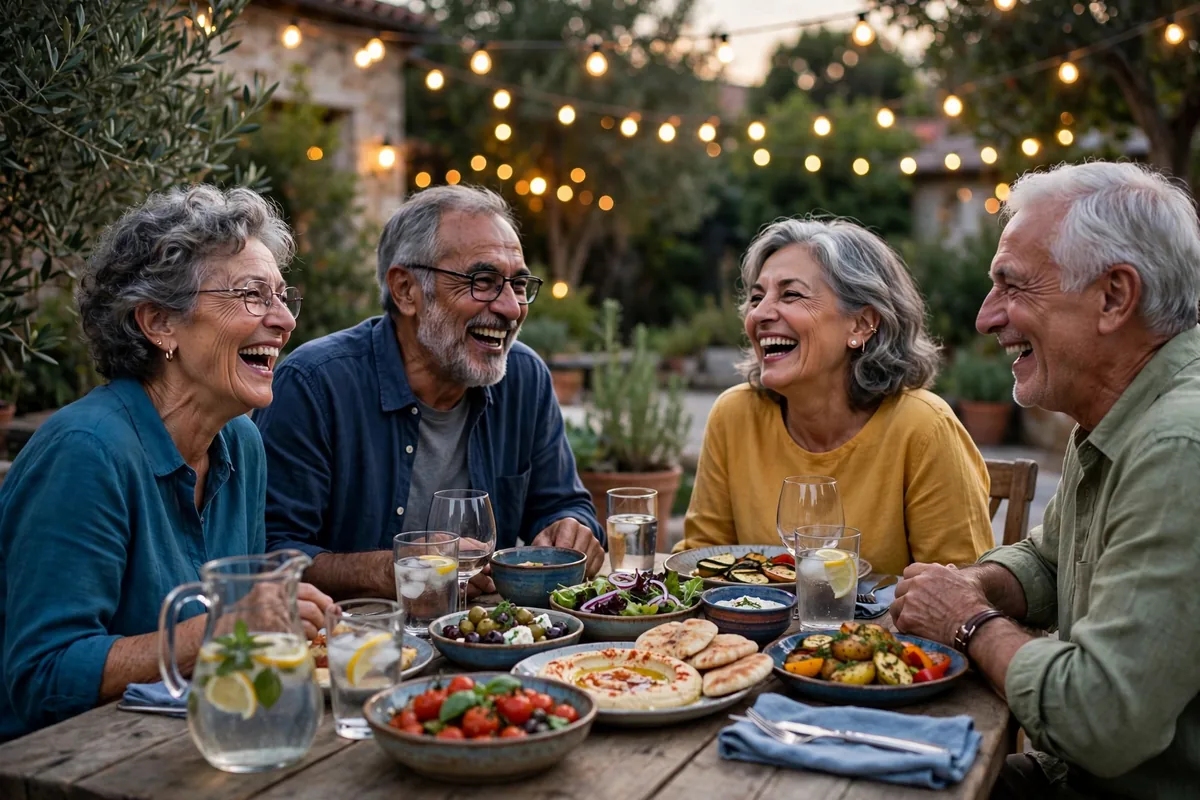 Senior friends laughing around an outdoor dinner table at dusk