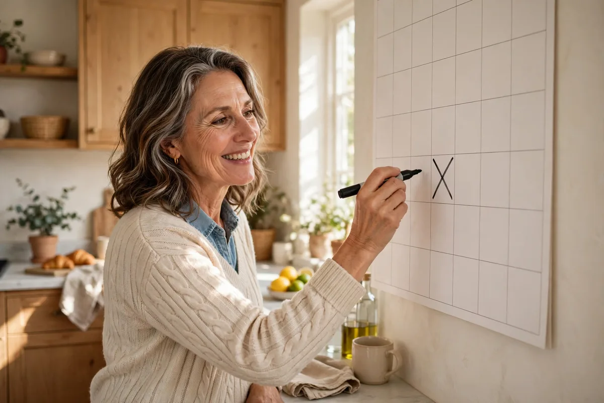 Woman in her late 50s marking a streak X on a wall calendar in her kitchen