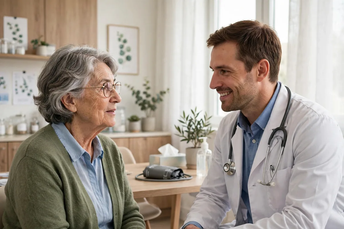 Older patient talking with a friendly doctor in a bright clinic office