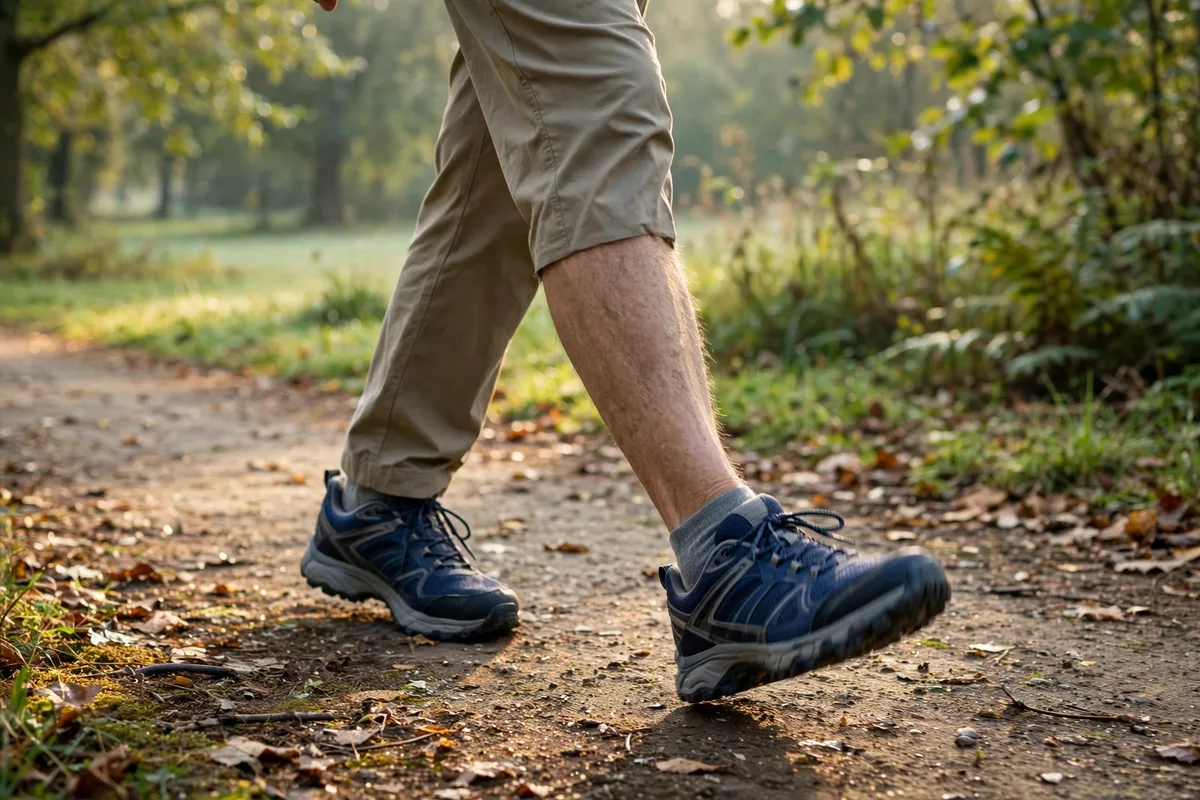 Close-up of legs and supportive walking shoes striding on a park trail