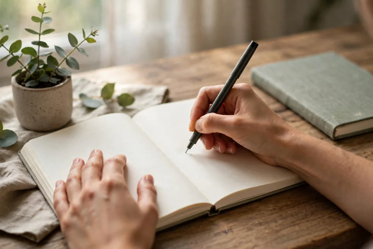 Woman's hands writing in a journal on a wooden desk