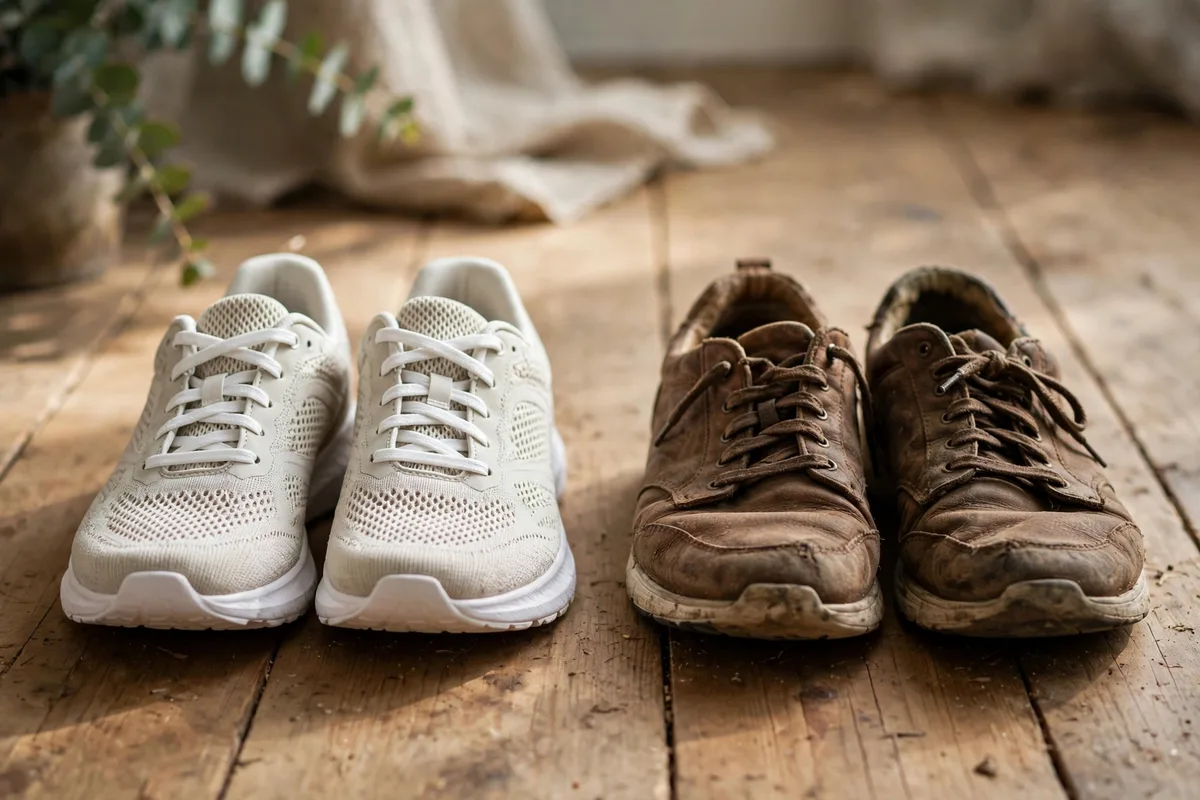 New pair of comfortable walking shoes next to an old worn-out pair on a wooden floor