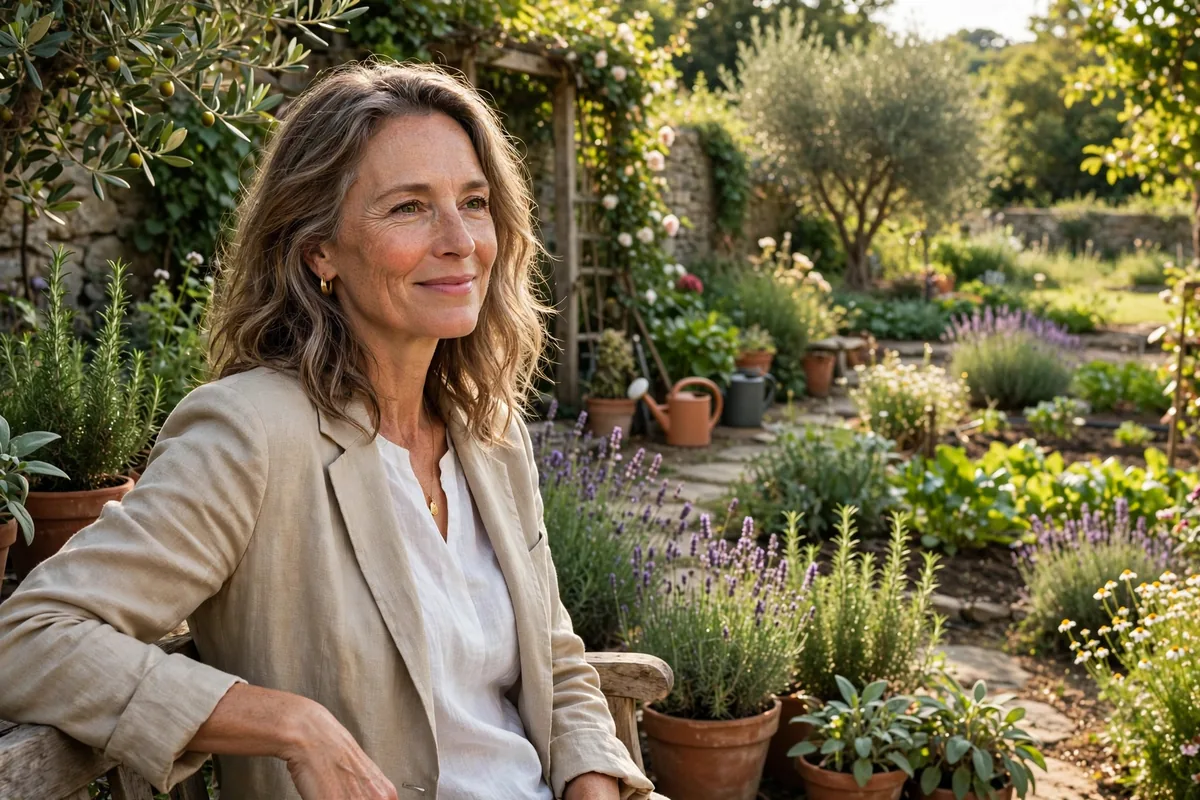 Woman in her late 40s smiling softly in a sunny garden