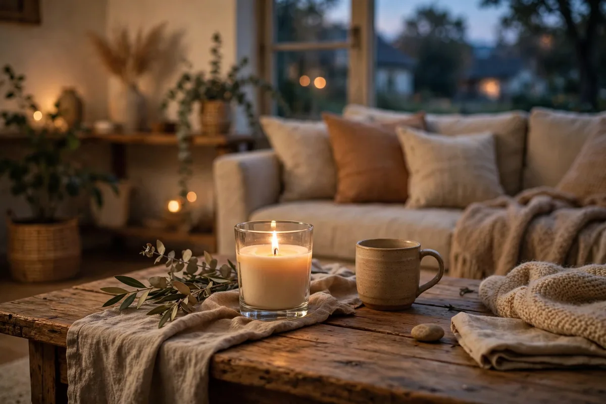 Cozy lit candle on a wooden table in a warm living room at dusk