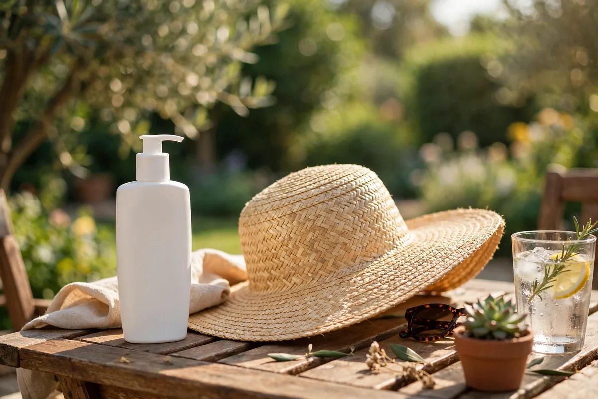 Sunscreen bottle, straw sun hat and sunglasses on an outdoor table in sunlight
