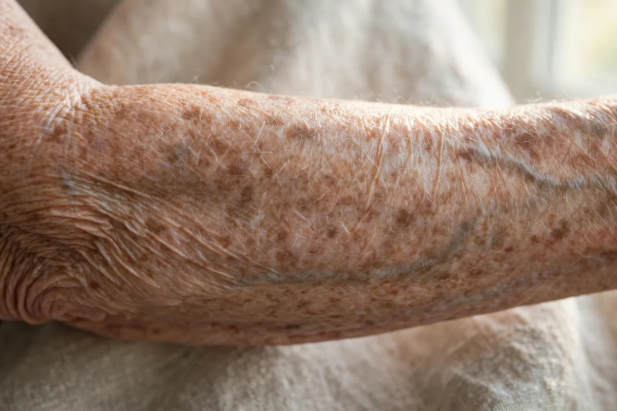 Close-up of an older woman's forearm showing delicate papery aging skin