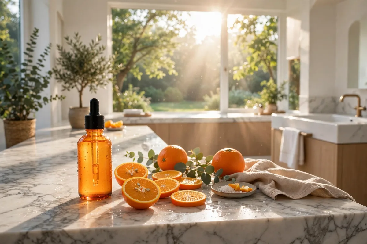 Orange vitamin C serum bottle with sliced oranges on a sunlit marble counter