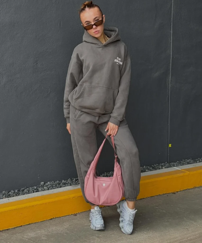 Grey Fleece Tracksuit and Pink Bag