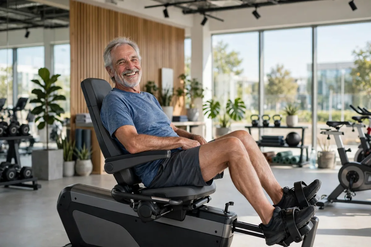 Smiling older man on a recumbent stationary bike