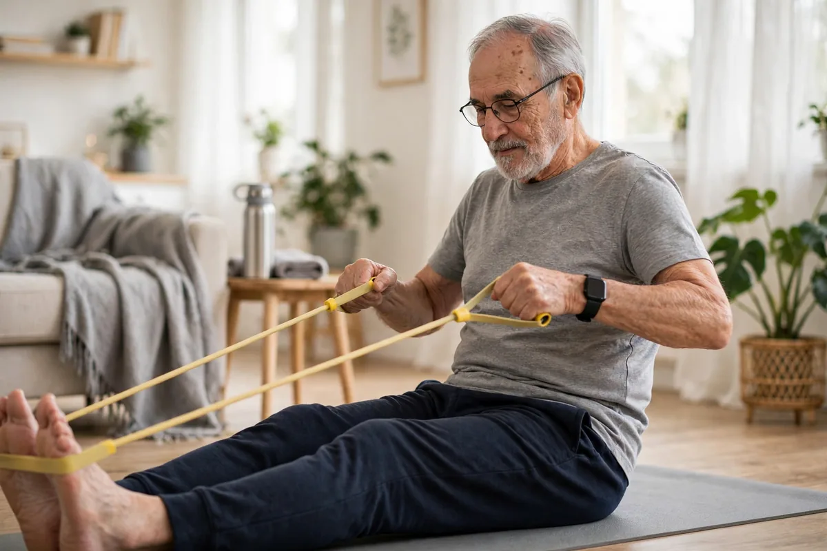 Senior man doing seated resistance band rows