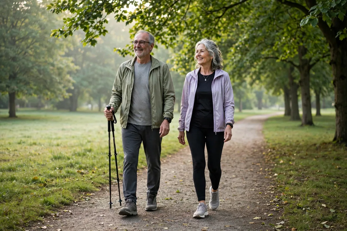 Senior couple walking with walking poles on a park path