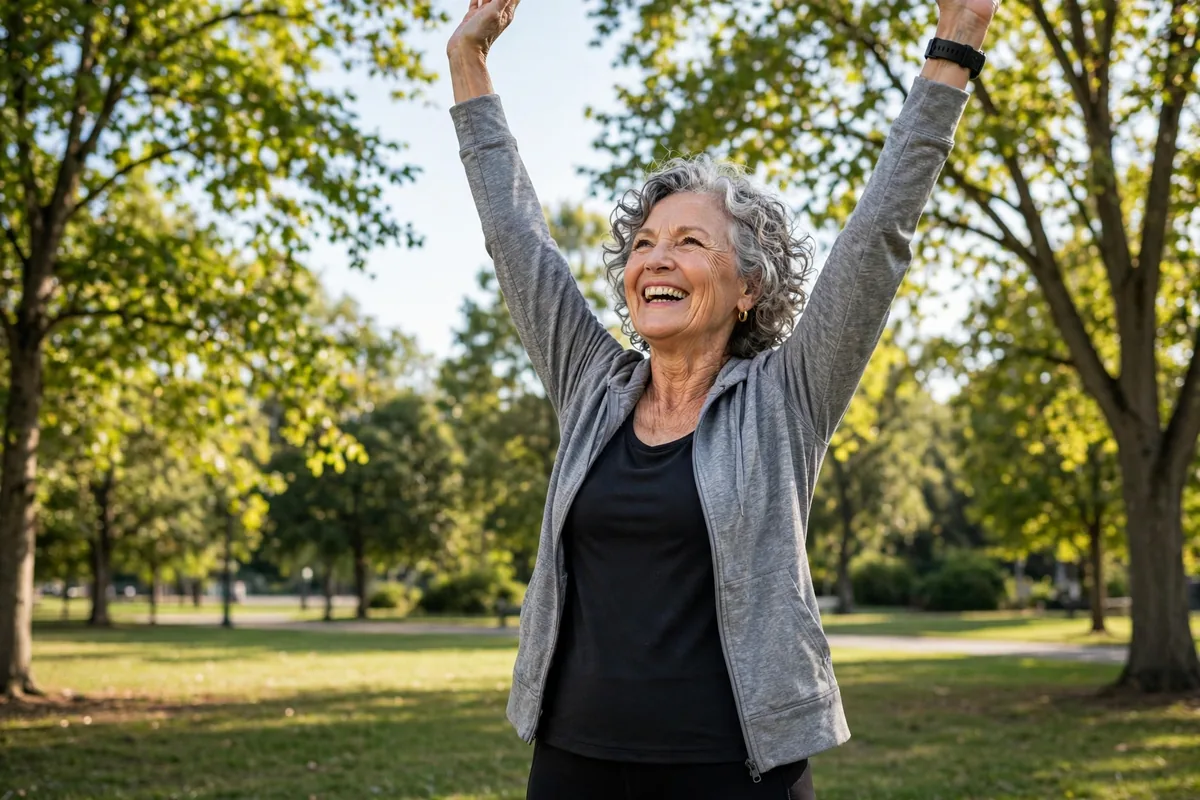 Happy senior woman stretching arms overhead in a sunny park