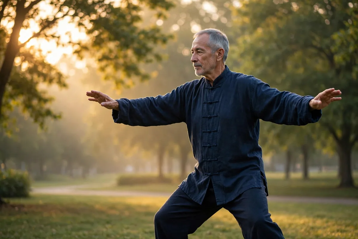 Older man practicing tai chi in a park at sunrise