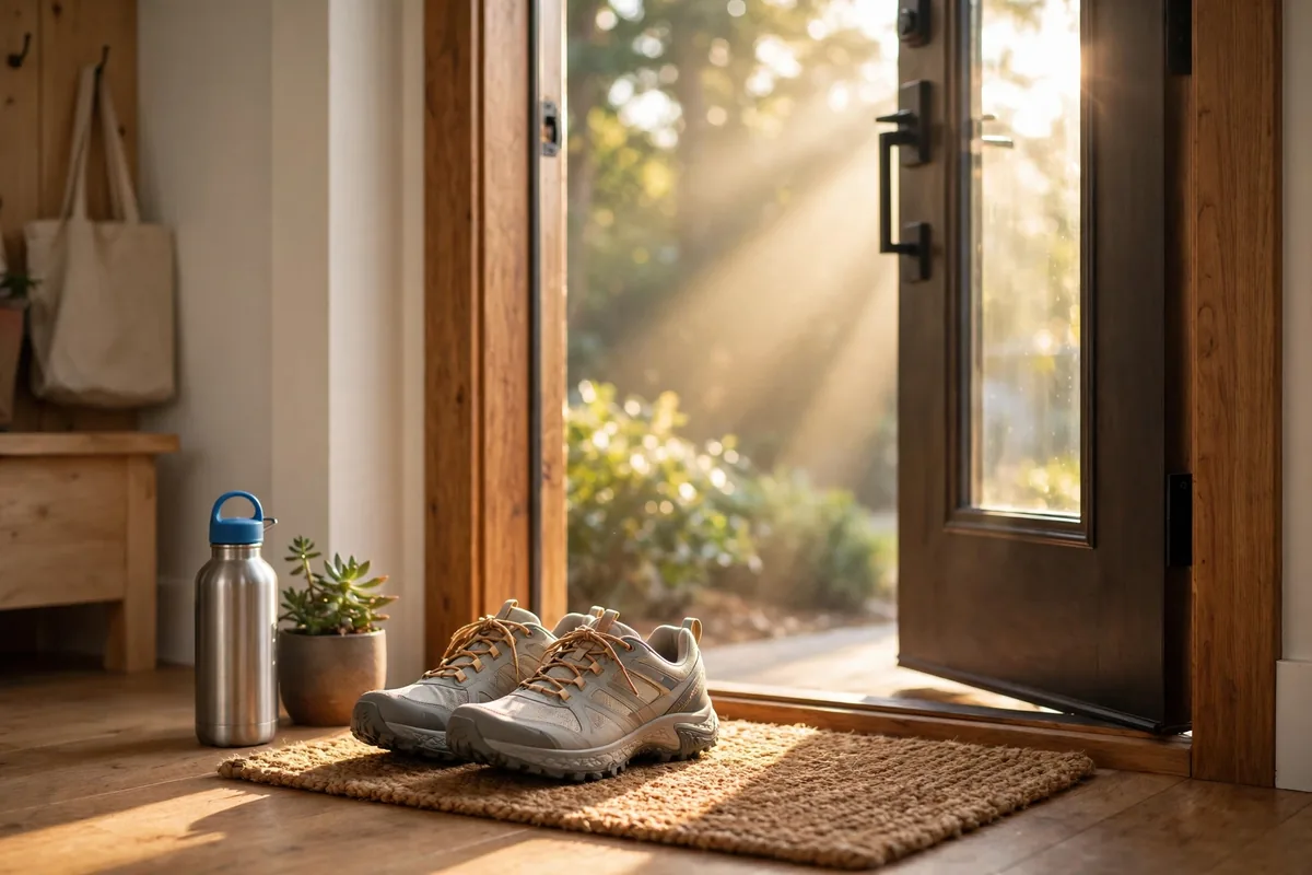 Walking shoes by a front door in morning light