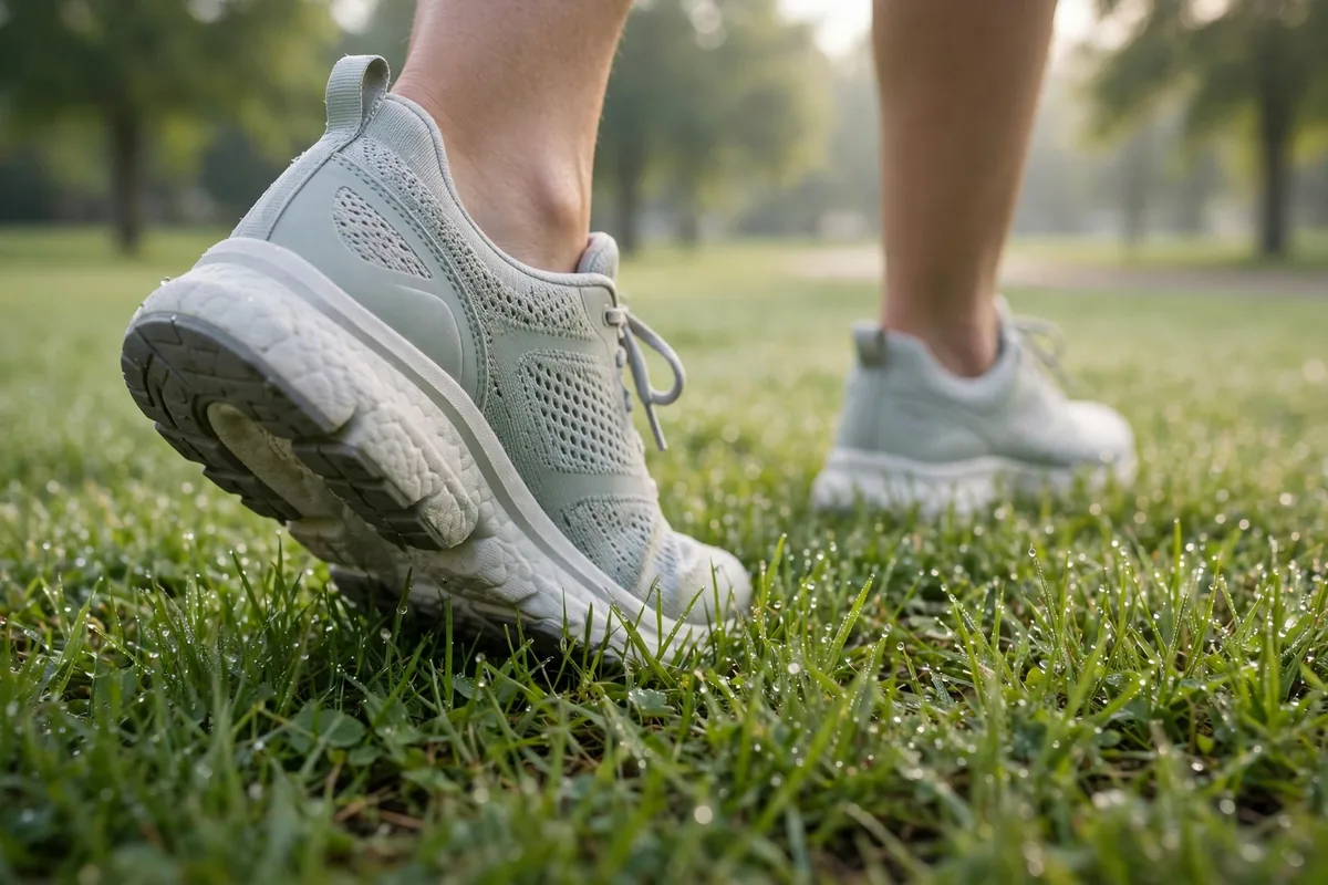 Walking shoes stepping on soft green grass