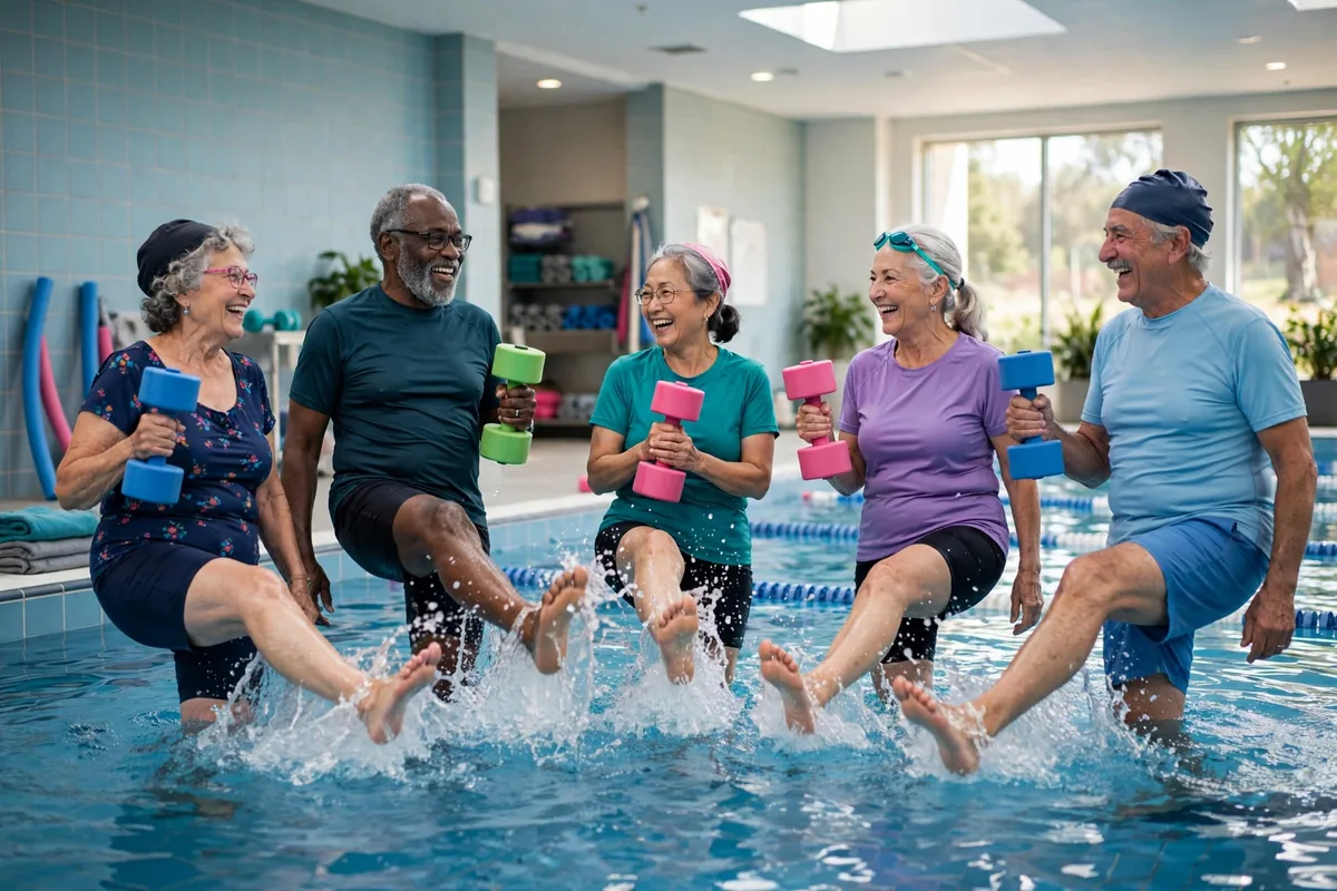 Group of seniors doing water aerobics with foam dumbbells