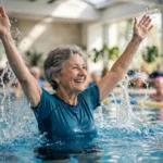 Smiling senior woman doing water aerobics in a pool