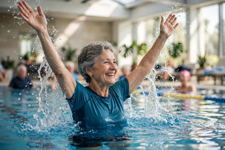 Smiling senior woman doing water aerobics in a pool