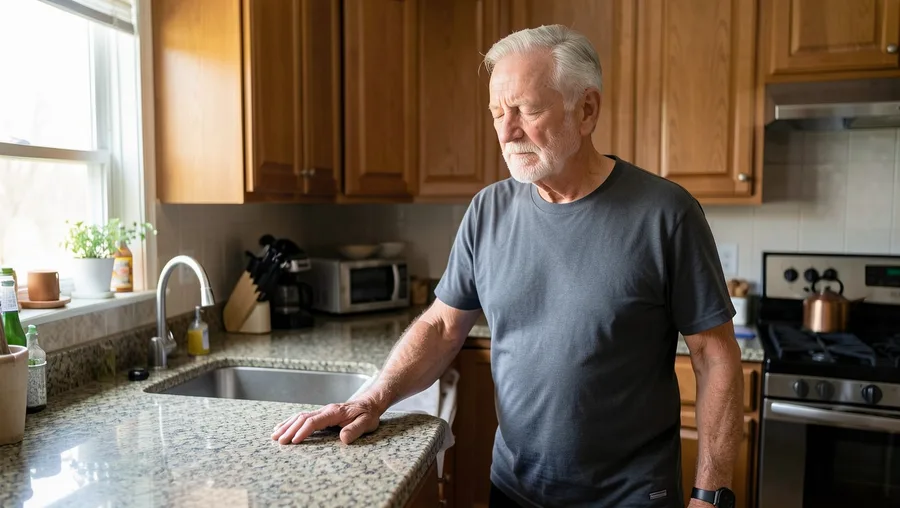 A 69-year-old man standing near a kitchen counter, eyes closed, one hand hovering just inches from the granite surface for sa